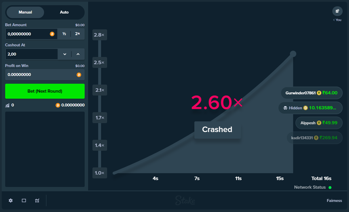 Screenshot van Crash-spel bij Stake Casino, februari 2025