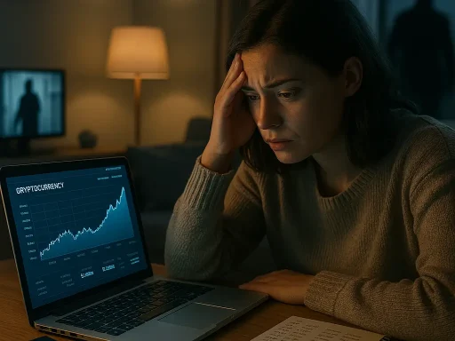 Belegger in huiskamer kijkt gespannen naar crypto-wallet op laptop, terwijl buiten een verdachte schaduw zichtbaar is – crypto en veiligheid in 2025.