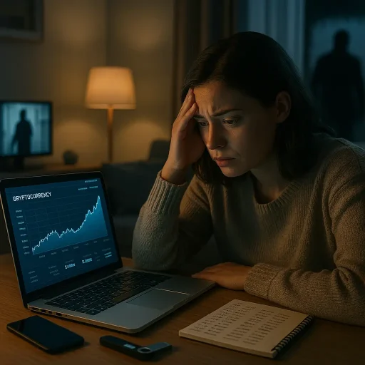 Belegger in huiskamer kijkt gespannen naar crypto-wallet op laptop, terwijl buiten een verdachte schaduw zichtbaar is – crypto en veiligheid in 2025.