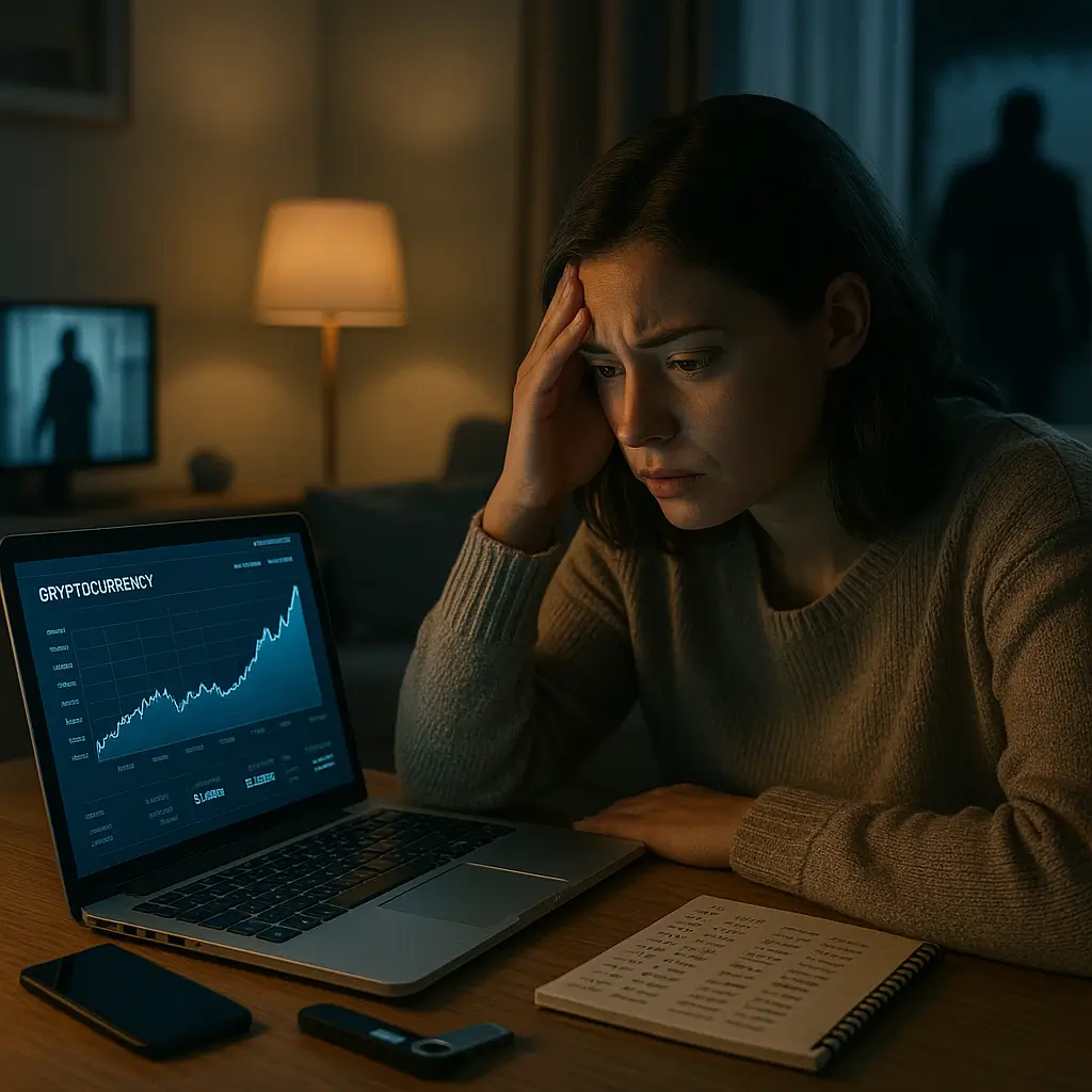 Belegger in huiskamer kijkt gespannen naar crypto-wallet op laptop, terwijl buiten een verdachte schaduw zichtbaar is – crypto en veiligheid in 2025.