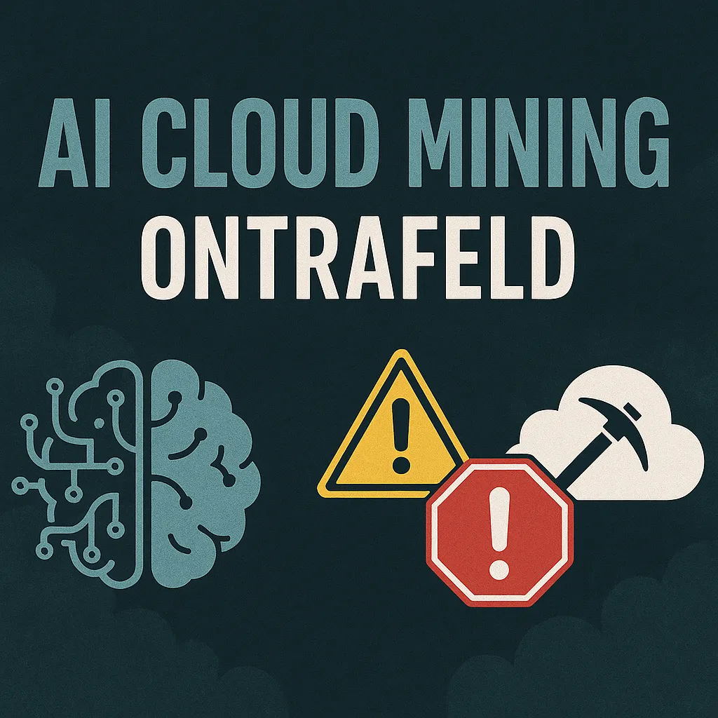 Illustratie van AI Cloud Mining met brein- en waarschuwingssymbolen onder de titel “Ontrafeld”