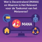 Illustratie van Decentraland met MANA-logo, VR-bril, avatars, virtuele gebouwen en blockchain-iconen