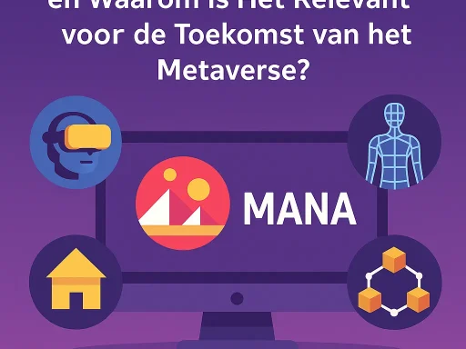 Illustratie van Decentraland met MANA-logo, VR-bril, avatars, virtuele gebouwen en blockchain-iconen