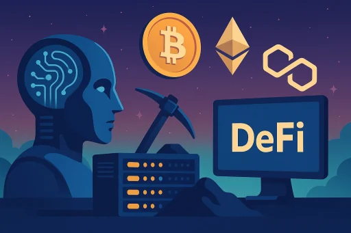 Illustratie van AI-hoofd, miningservers, DeFi-scherm en crypto-symbolen in een futuristische stijl