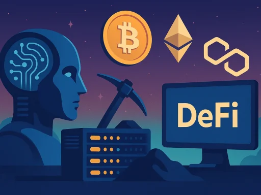 Illustratie van AI-hoofd, miningservers, DeFi-scherm en crypto-symbolen in een futuristische stijl