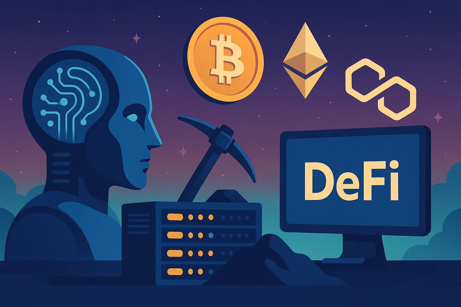 Illustratie van AI-hoofd, miningservers, DeFi-scherm en crypto-symbolen in een futuristische stijl