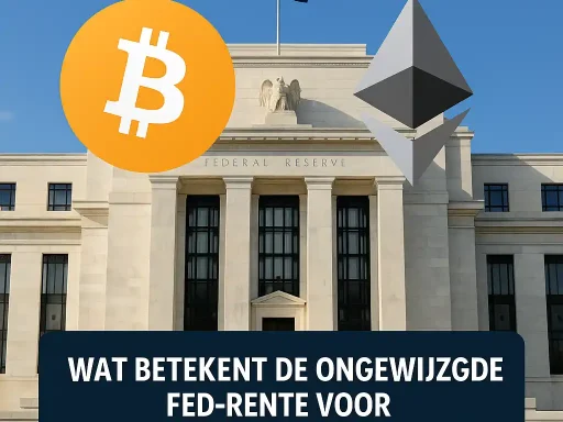 Afbeelding van het gebouw van de Federal Reserve met Bitcoin- en Ethereum-symbolen en een Nederlandse vraag over de rentebeslissing
