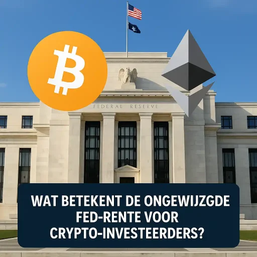 Afbeelding van het gebouw van de Federal Reserve met Bitcoin- en Ethereum-symbolen en een Nederlandse vraag over de rentebeslissing