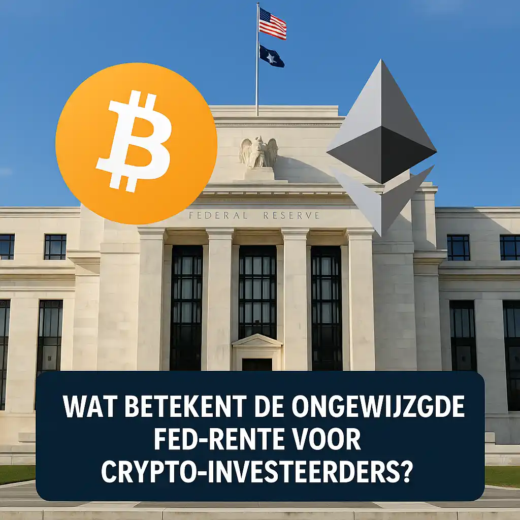 Afbeelding van het gebouw van de Federal Reserve met Bitcoin- en Ethereum-symbolen en een Nederlandse vraag over de rentebeslissing